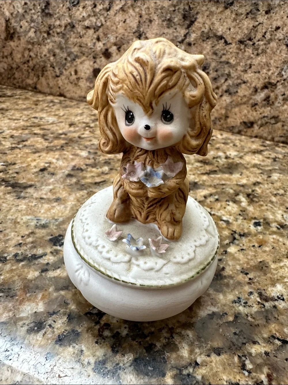 Vintage Big Eyed Porcelain Puppy Trinket Box | Attributed to Kelvin’s Collection